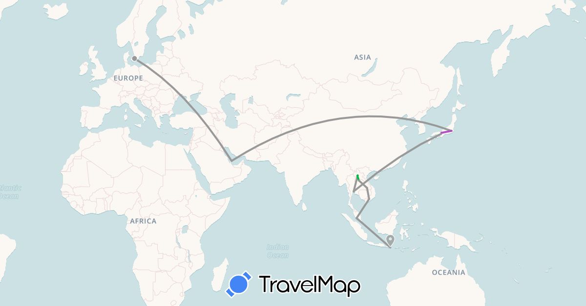 TravelMap itinerary: driving, bus, plane, train in Denmark, Indonesia, Japan, Laos, Malaysia, Qatar, Thailand, Vietnam (Asia, Europe)